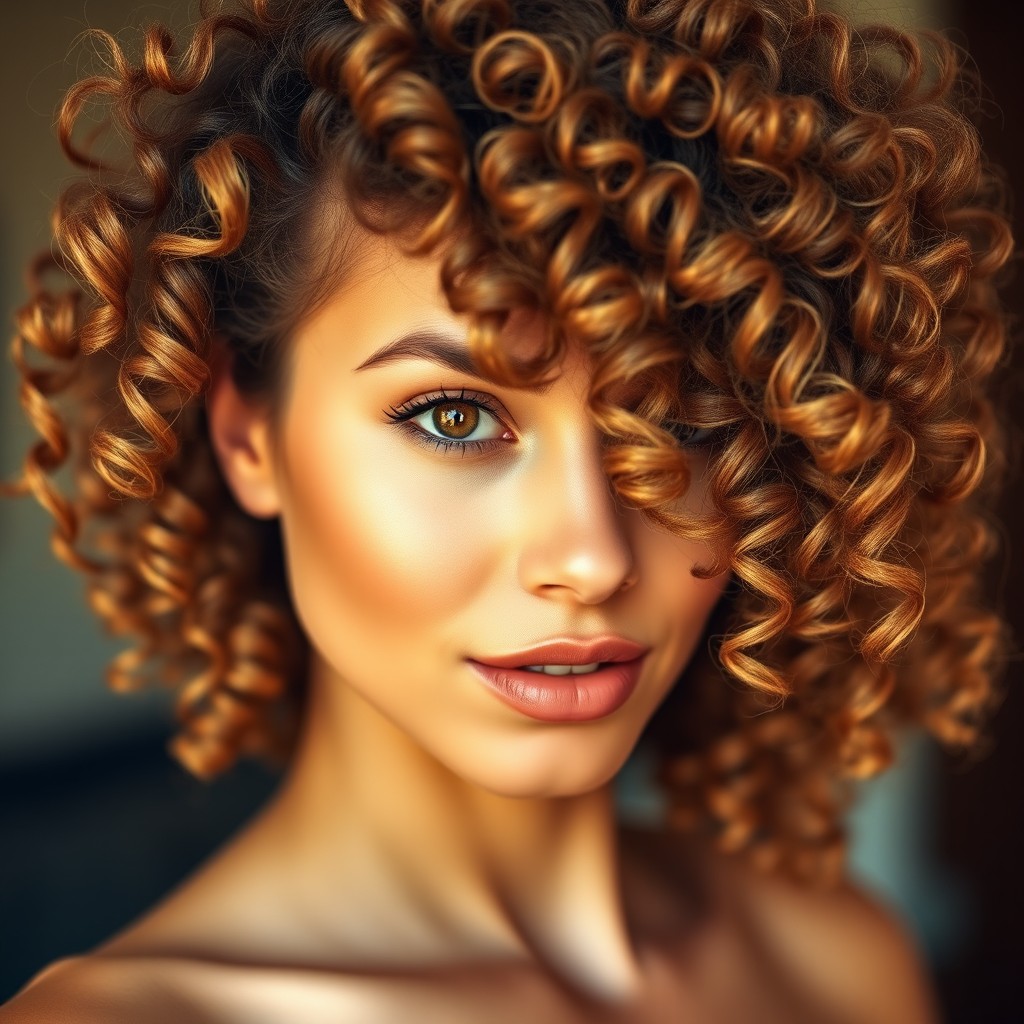 A highly detailed close-up of a beautiful young woman with textured, voluminous hair, elegantly styled