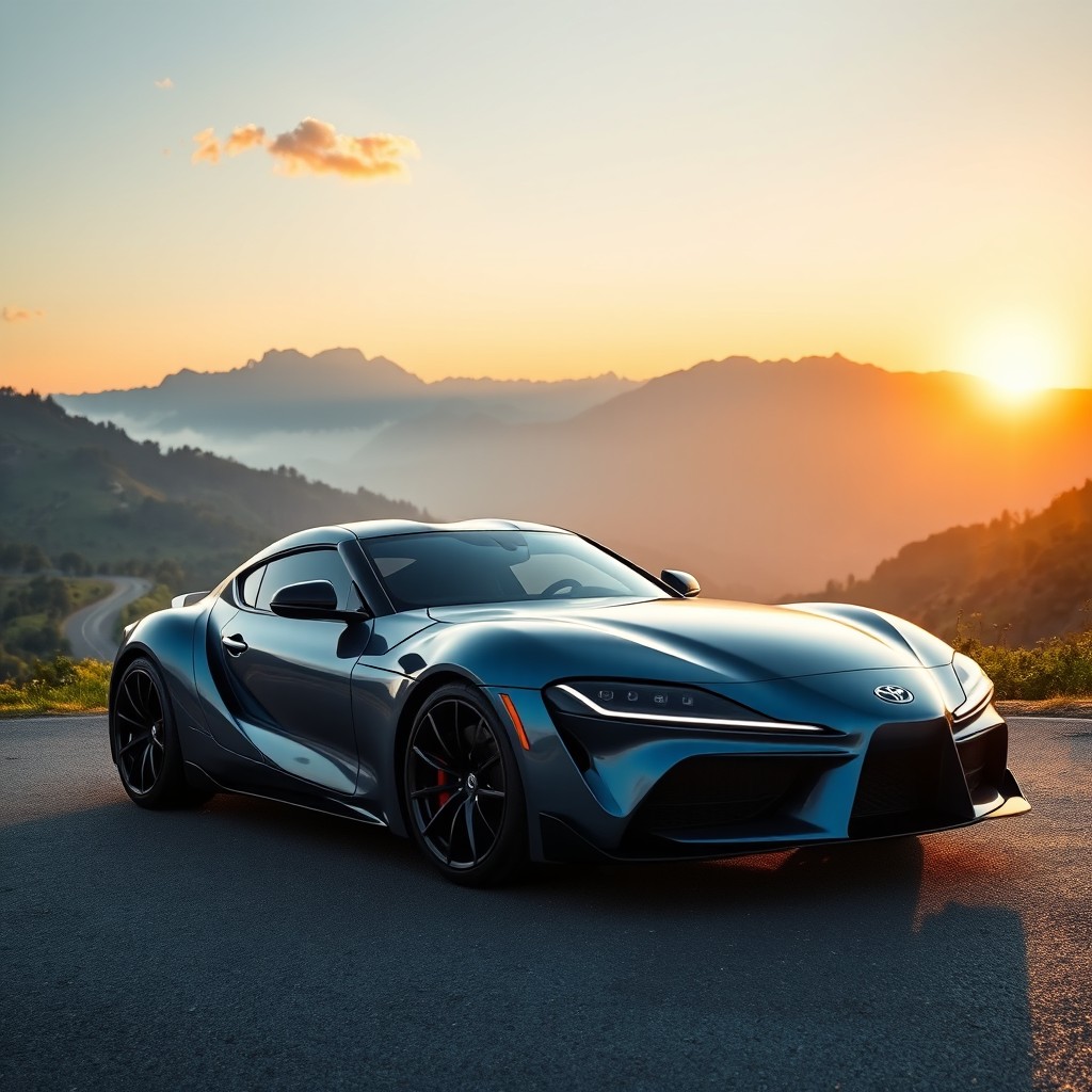 A sleek and futuristic Toyota Supra sports car parked on a winding mountain road, surrounded by lush greenery and misty mountains in the background