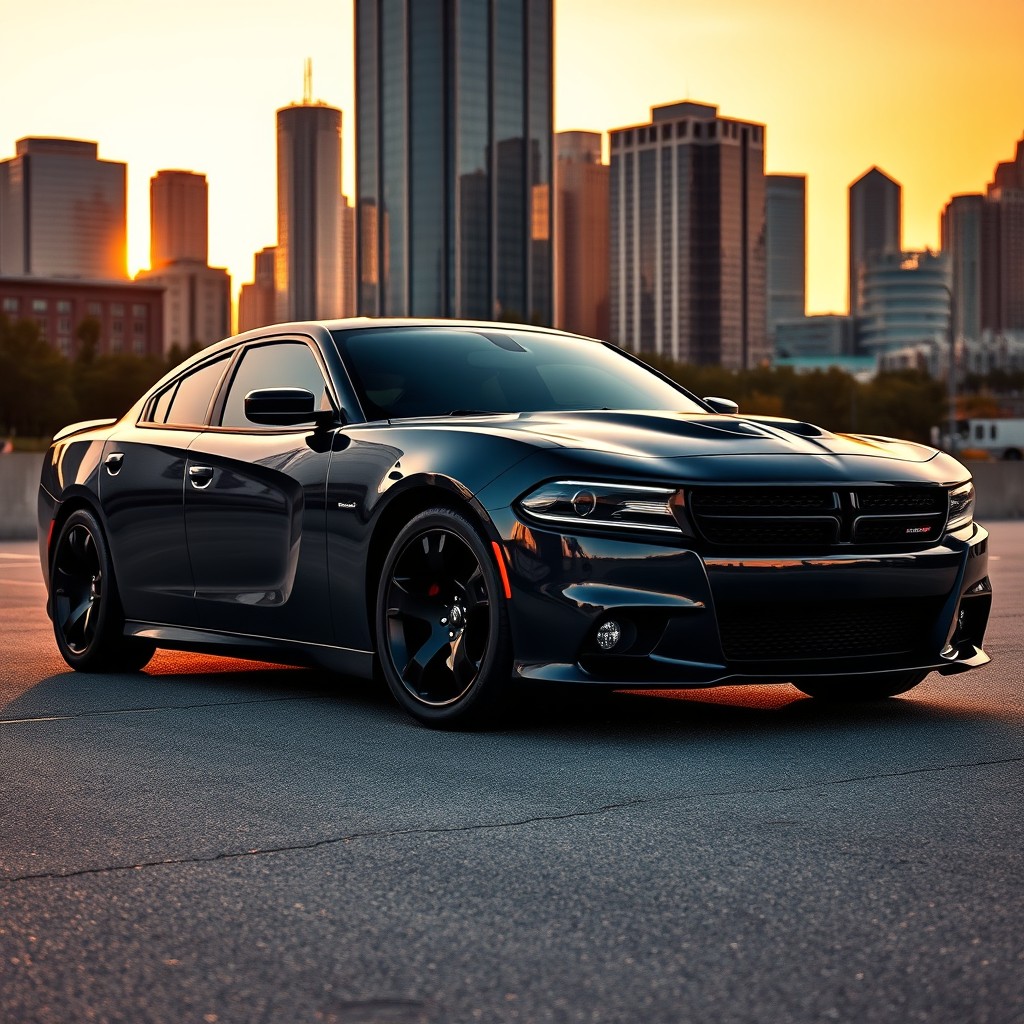 A sleek and powerful Dodge Charger parked in an urban setting, showcasing its muscular design and glossy paint