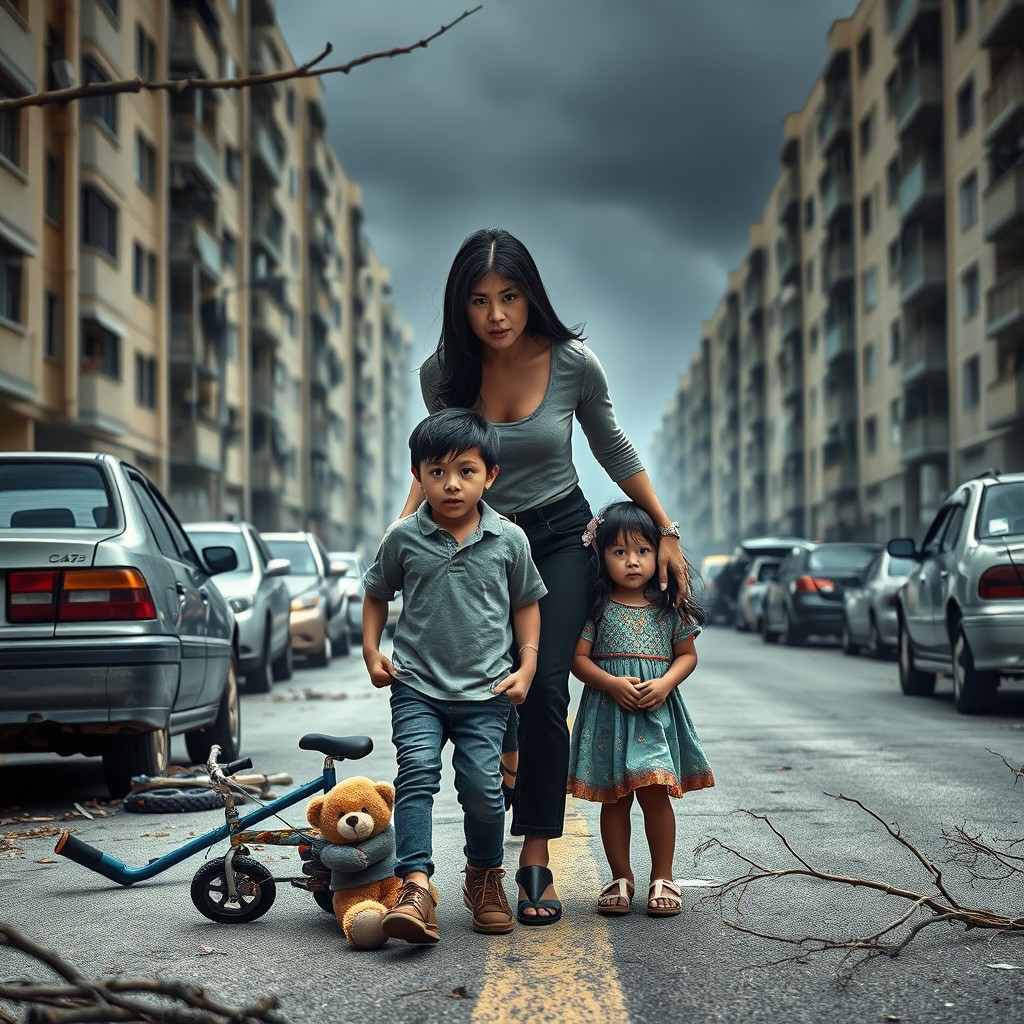 A determined 45-year-old woman with sleek black hair is fiercely defending her two children: an 18-year-old boy and a 12-year-old girl, standing in a deserted street of a condominium