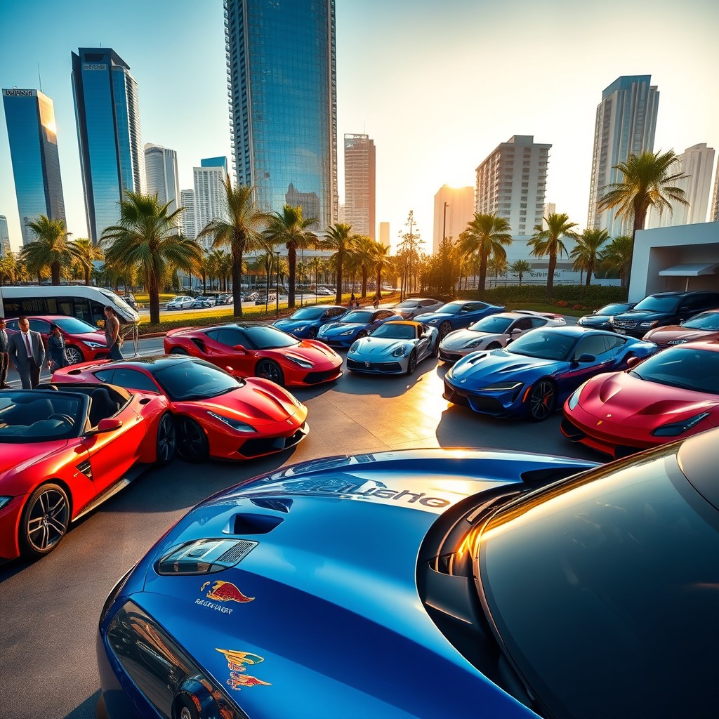 A vibrant and detailed display of various luxurious cars parked in a sleek, modern cityscape