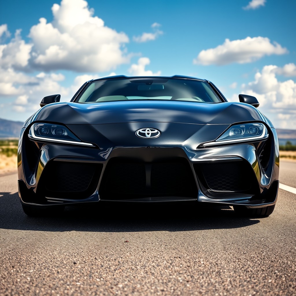 A front view of a sleek, modern Toyota Supra, showcasing its iconic design features including sharp headlights, a prominent grille, and sporty contours