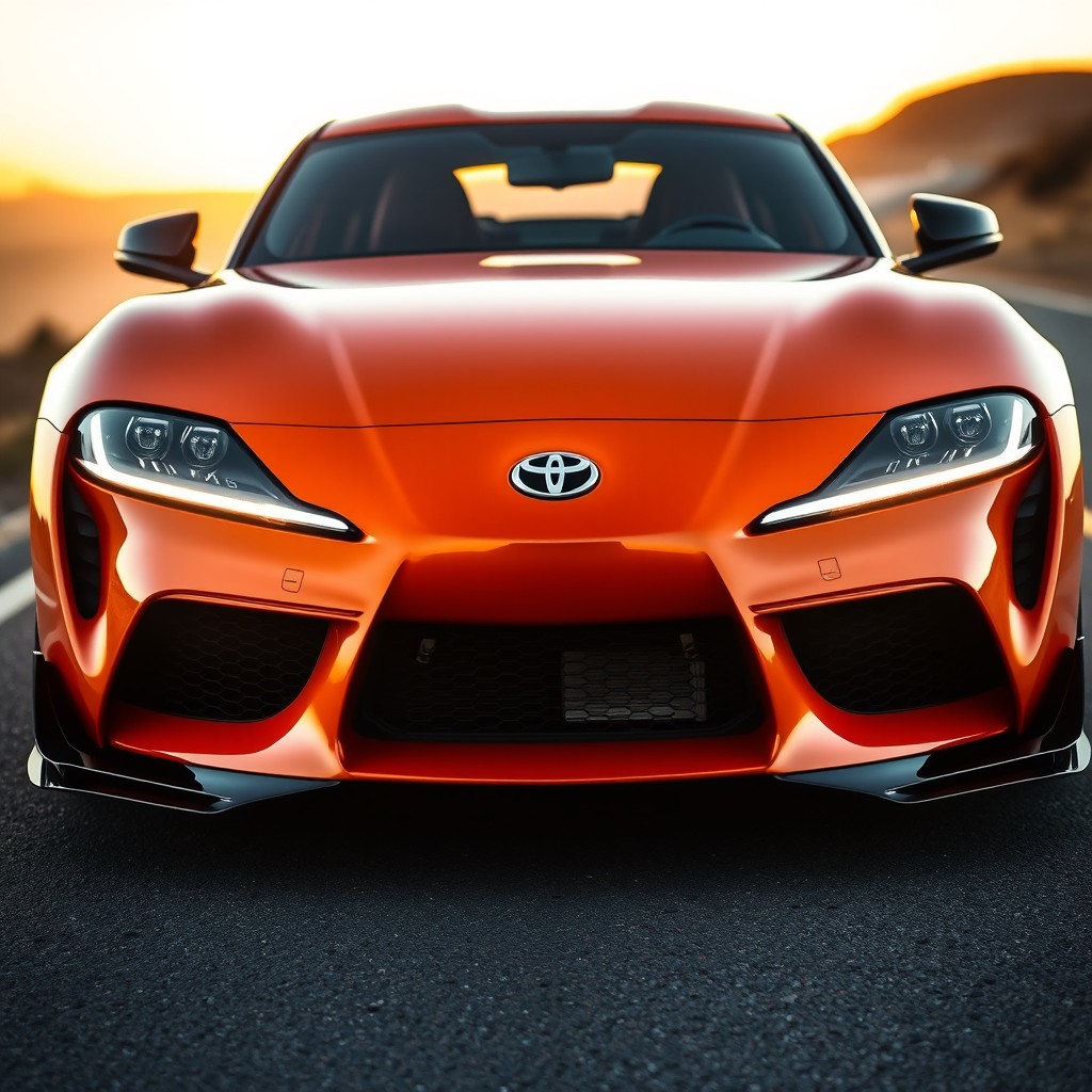 A stunning front view of a sleek Toyota Supra, showcasing its aerodynamic design, bold grille, and striking headlights