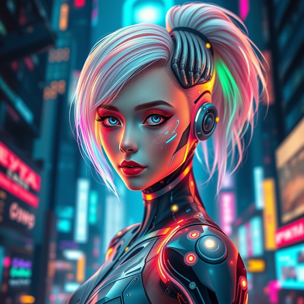 A stunningly beautiful AI girl with futuristic cybernetic features, featuring luminescent hair that changes colors, intricate circuitry on her skin, and bright, expressive eyes