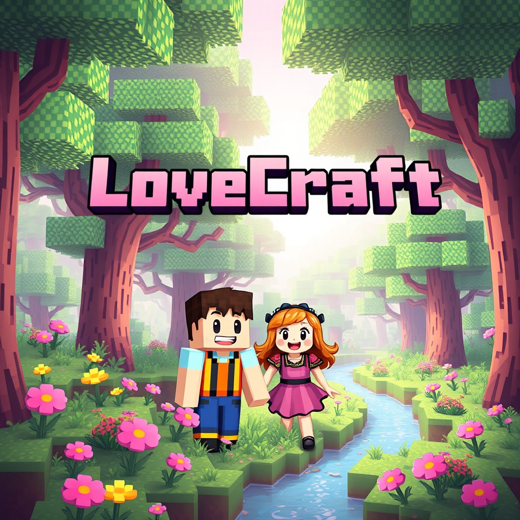 A vibrant and enchanting Minecraft-inspired thumbnail featuring a pixelated forest scene filled with lush trees and greenery, bathed in soft pink tones