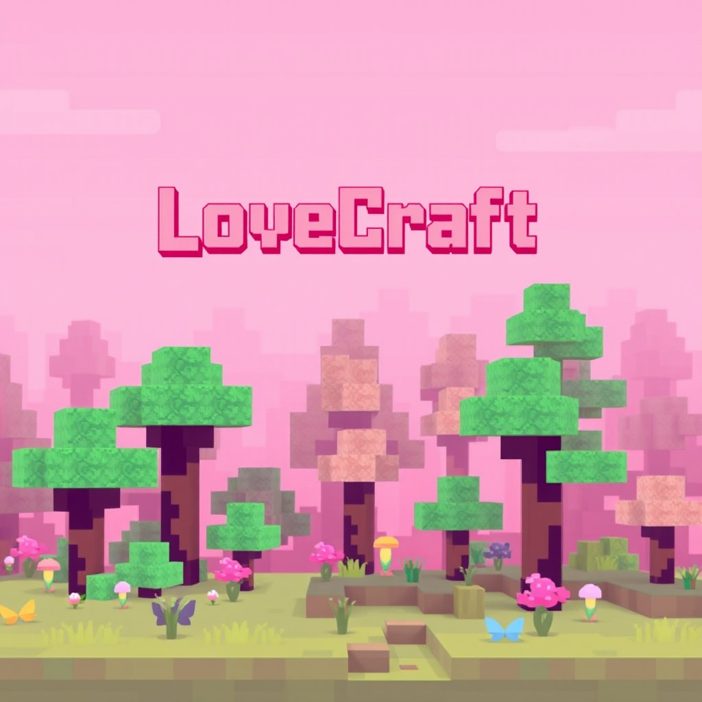 A vibrant Minecraft-inspired thumbnail featuring a pixelated forest scene bathed in soft pink tones