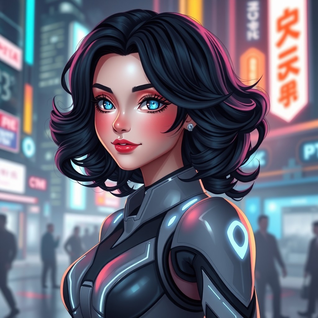 An AI girl with vibrant, curvy black hair, displaying a confident and playful expression