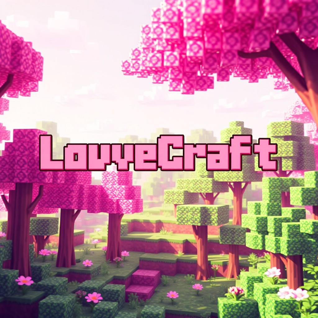 A vibrant Minecraft-themed thumbnail depicting a whimsical forest scene filled with pixelated trees and lush greenery, all in soft pink tones
