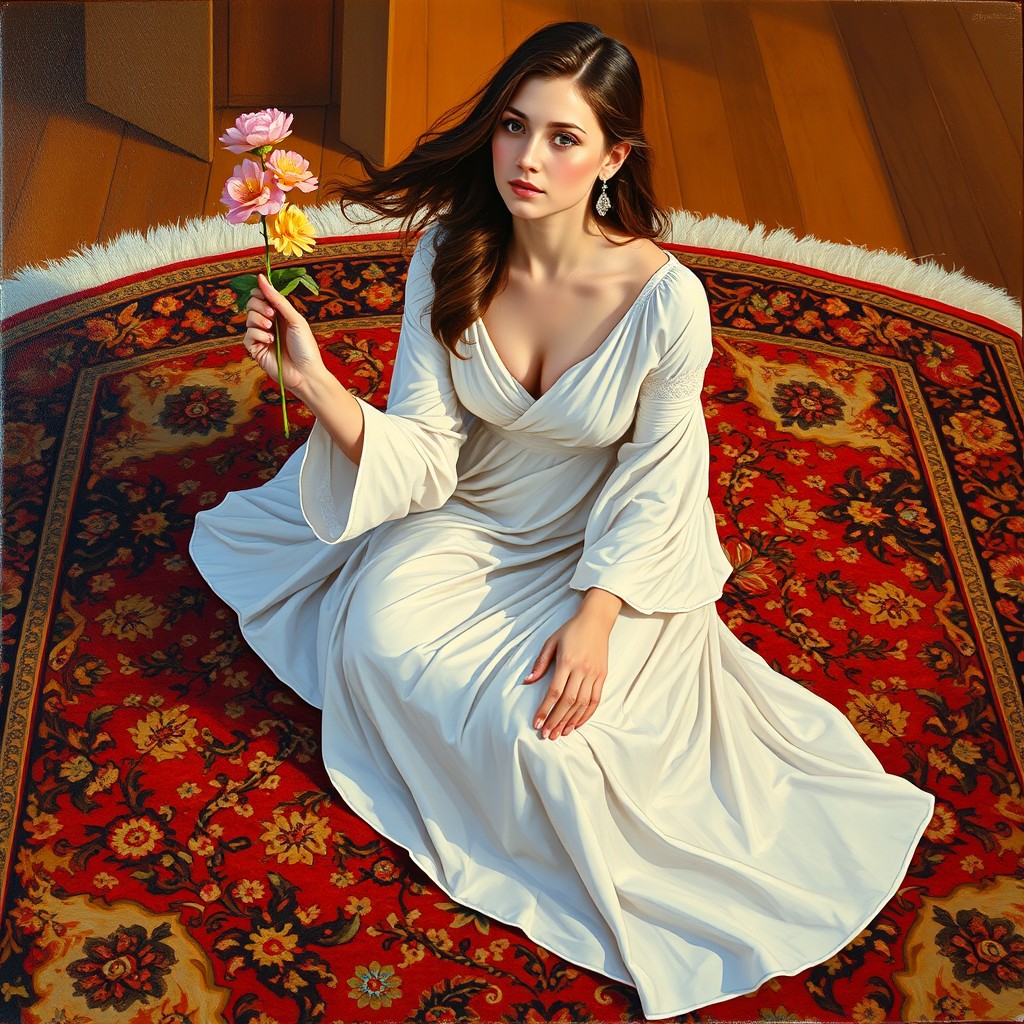 A woman sitting gracefully on a Persian carpet, holding a beautiful flower in her hand