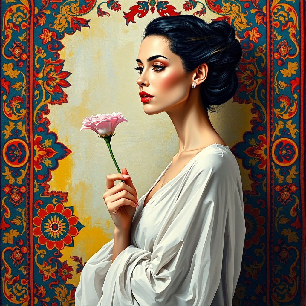 An elegant woman with a long neck holding a delicate flower in her hand, set against a vibrant Persian carpet background