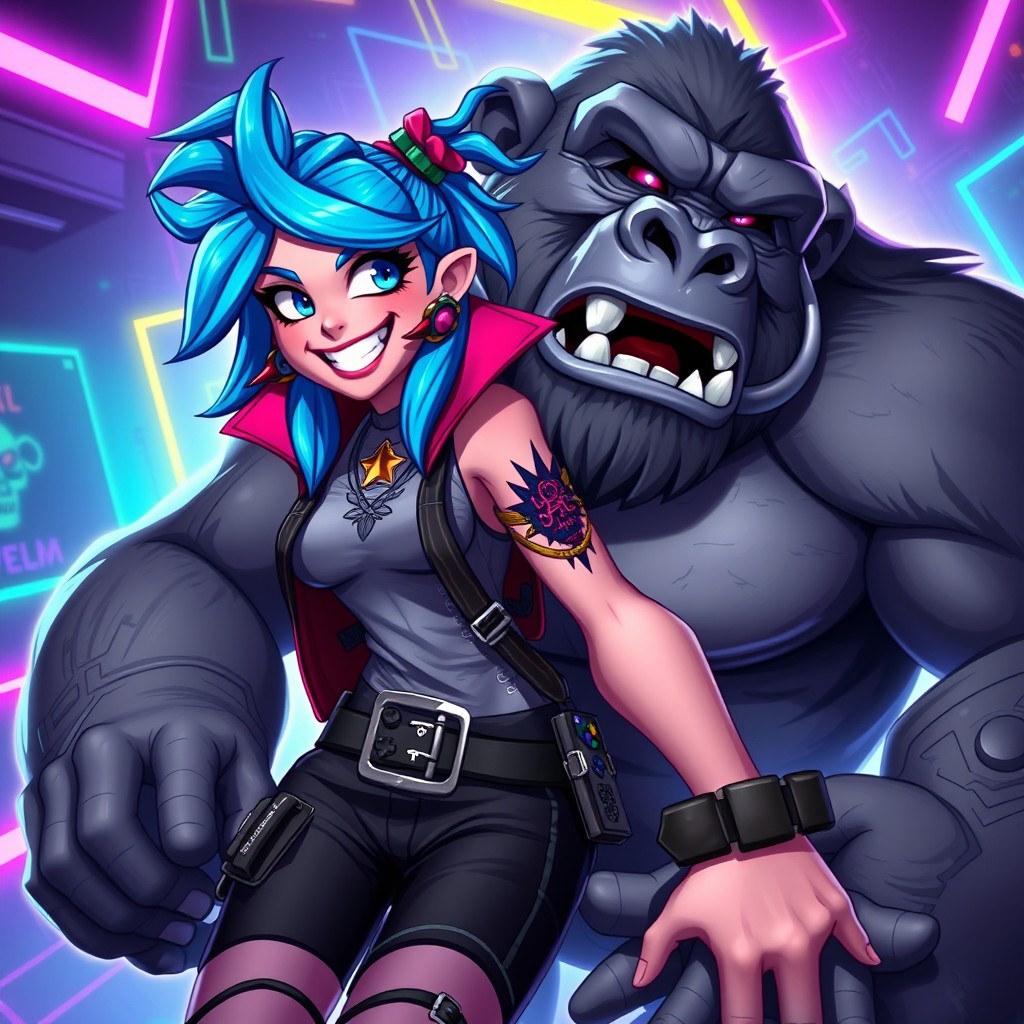 A dynamic gaming profile image featuring Jinx from Arcane, with her signature blue hair, mischievous smile, and punk attire, alongside a large, muscular gorilla