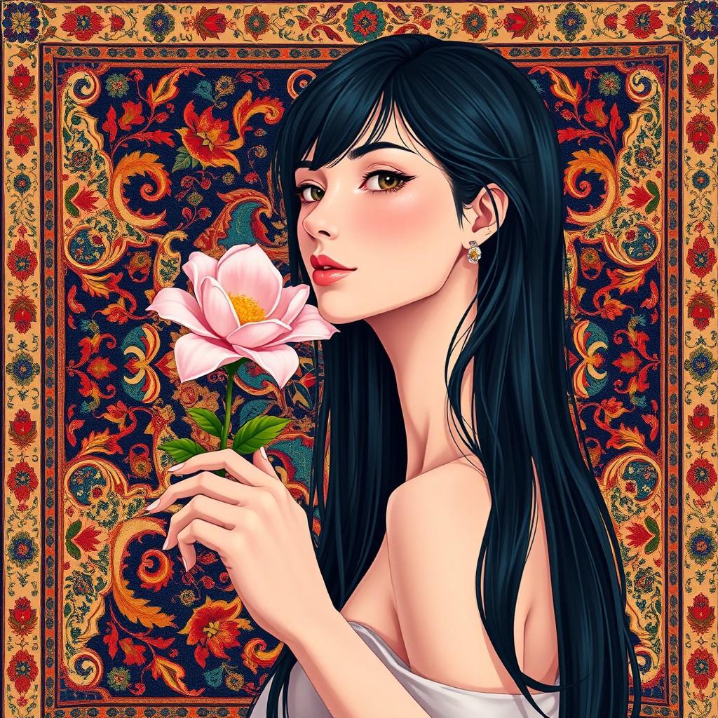 An acrylic style painting of a woman depicted in an anime style, showcasing a long elegant neck