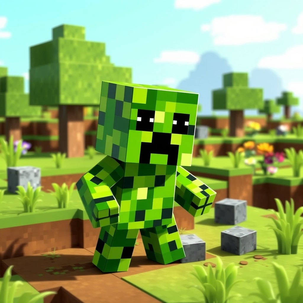 A vibrant and dynamic scene featuring a character from Minecraft, designed in a pixelated art style that captures the essence of Minecraft's blocky aesthetic