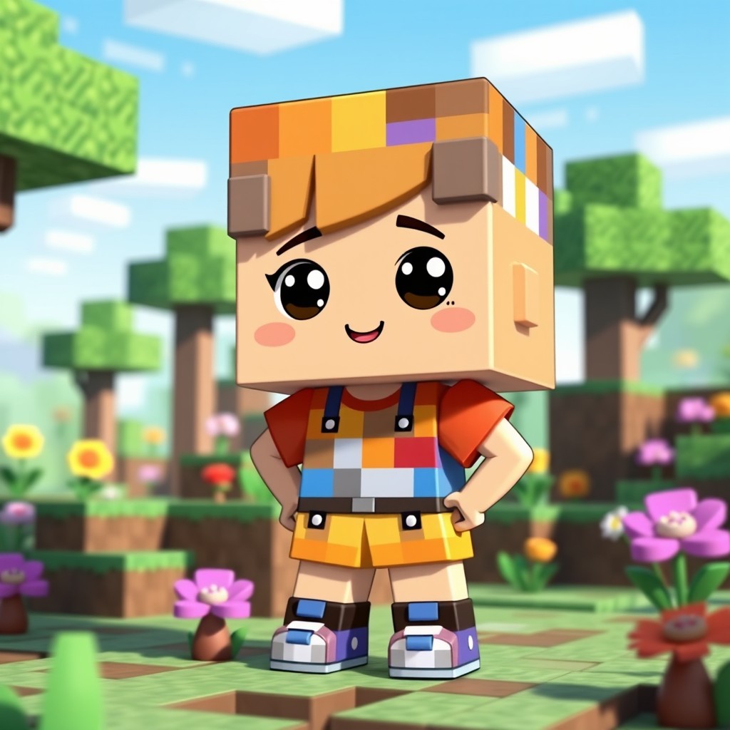 A cute character in the style of Minecraft, with a blocky and pixelated design, embodying a kawaii (cute) aesthetic