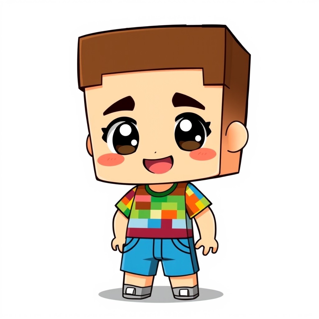 A chibi character in the style of Minecraft, designed with a cute and oversized head, small body, and a playful expression