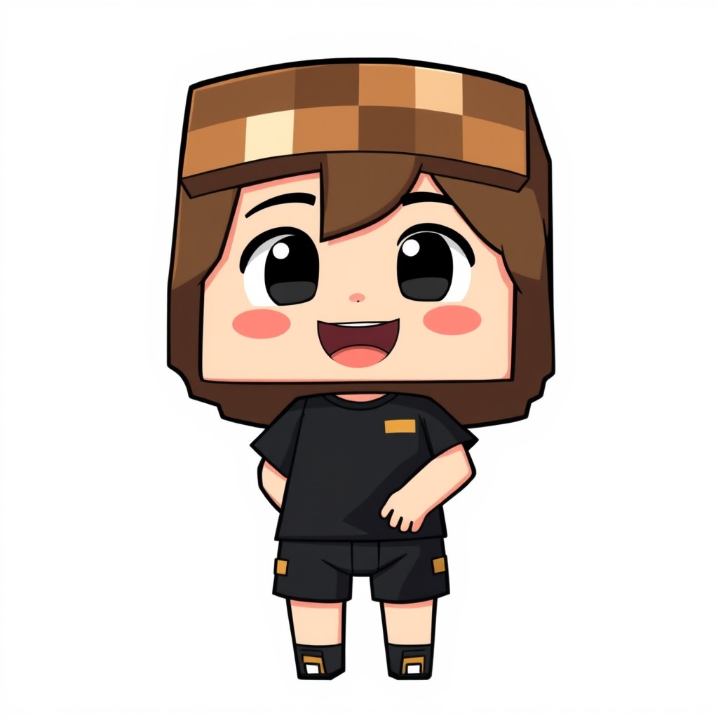 A chibi character in the style of Minecraft, designed with a cute and oversized head and a small body, embodying a playful child-like essence