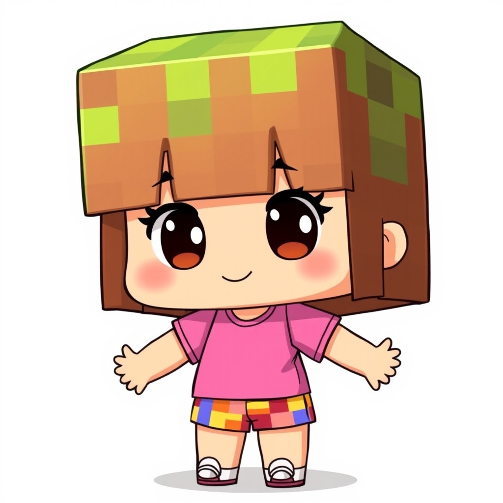 A chibi character in the style of Minecraft, depicting a cute girl with an oversized head and small body, featuring a playful and cheerful expression