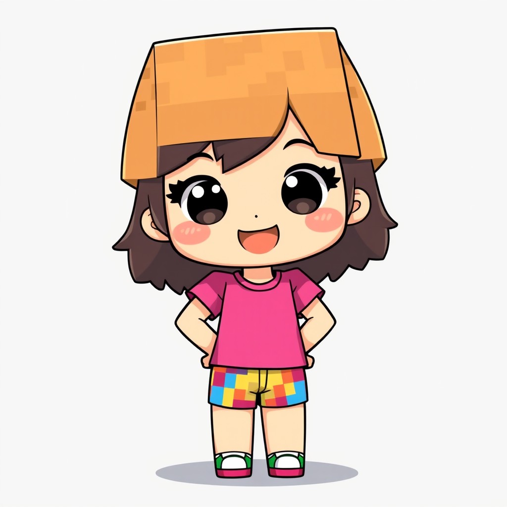 A chibi character in the style of Minecraft, depicting a cute girl with an oversized head and small body, featuring a playful and cheerful expression