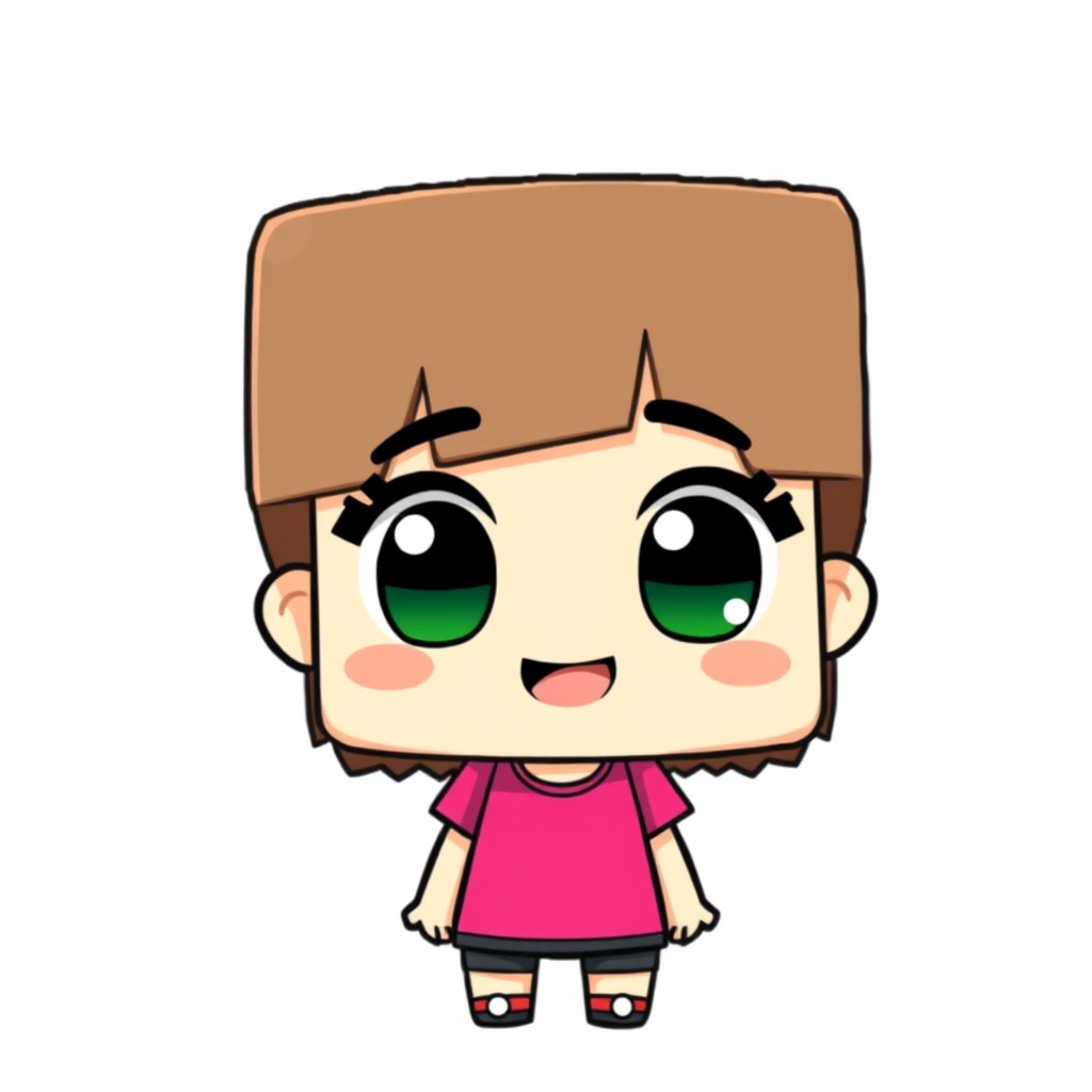 A chibi character in the style of Minecraft, featuring a cute girl with an oversized head and small body, characterized by her playful and cheerful expression