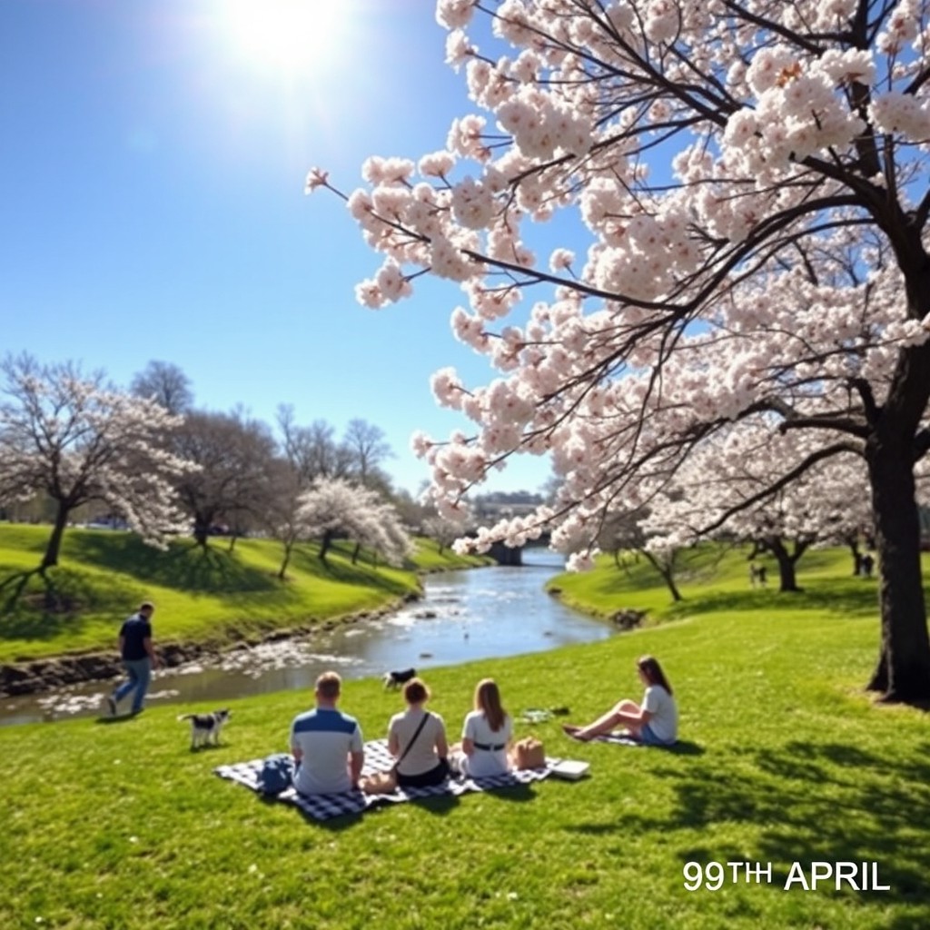 A picturesque spring scene on the 9th of April, featuring blooming cherry blossoms under a clear blue sky