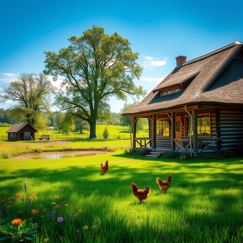 A peaceful country residence surrounded by lush green fields and vibrant flowers, with a rustic wooden house showcasing a charming front porch