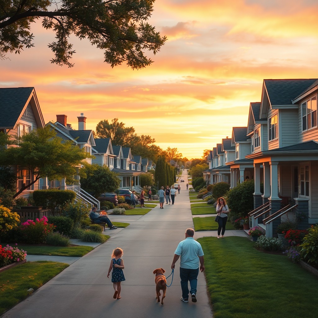 A serene residential neighborhood in the late afternoon light, showcasing charming houses with lush gardens, children playing in the yards, and a tree-lined street