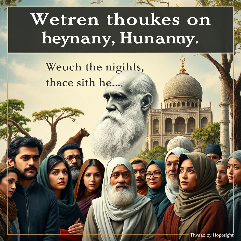 A realistic and thought-provoking image representing Western thoughts on humanity, specifically focusing on Darwin's theory of evolution