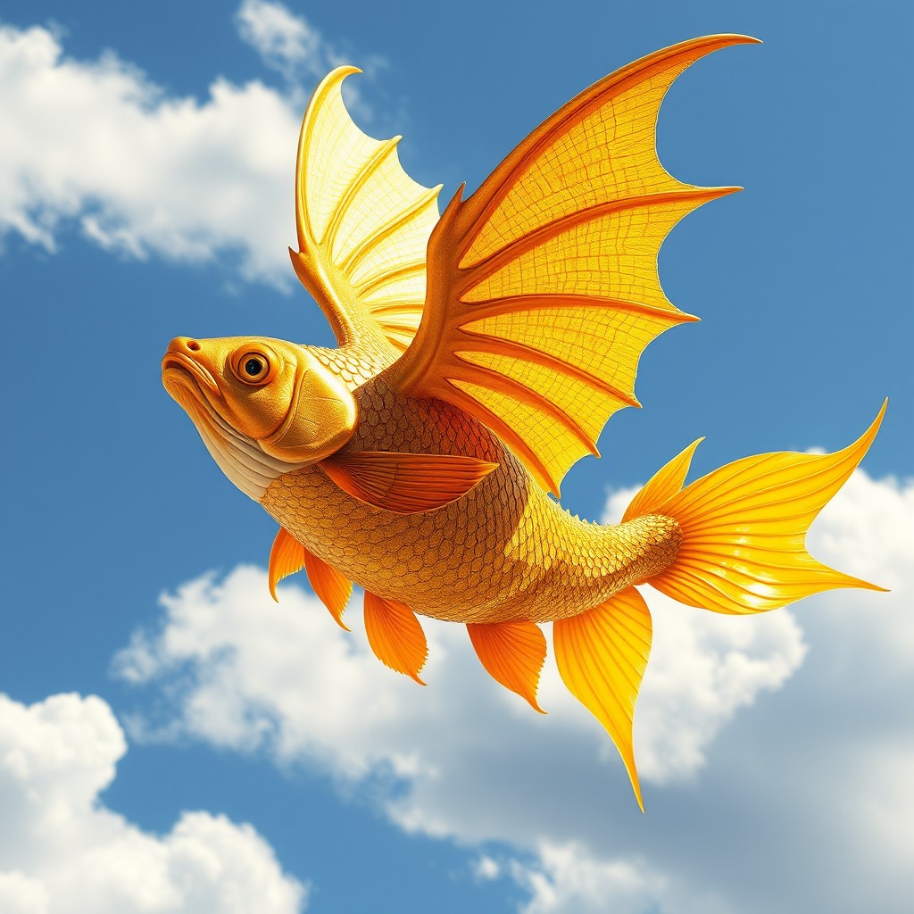 A golden fish with majestic golden dragon wings, soaring gracefully through a clear blue sky, sparkling sunlight reflecting off its shiny scales