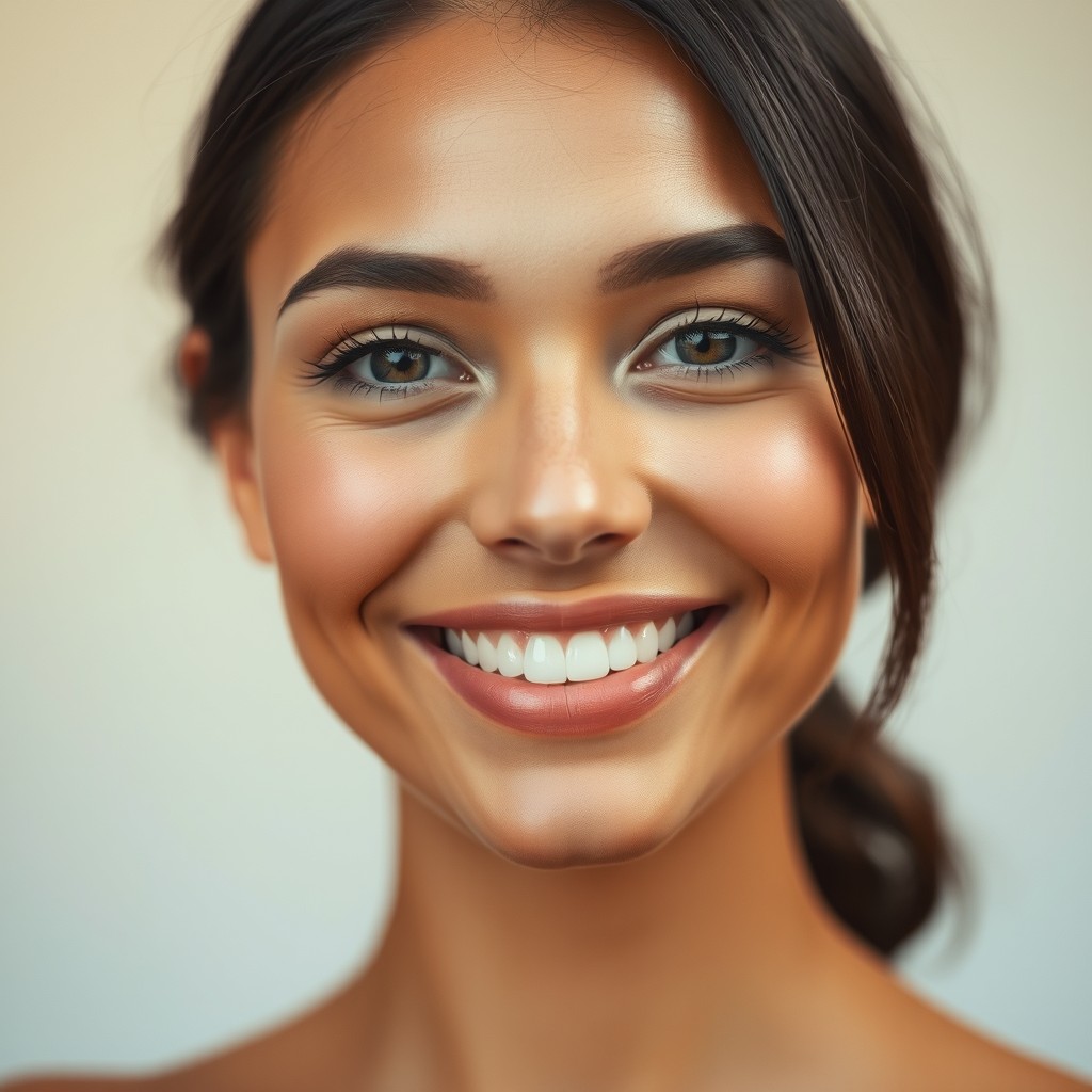 A serene and elegant portrait of a person with flawless skin, glowing with health and beauty