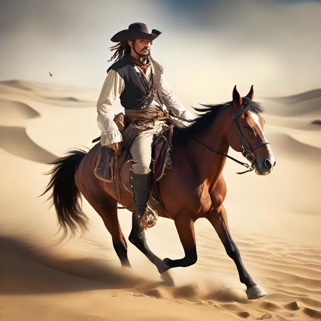 A rugged pirate riding a horse through the sweeping sands of a desert.