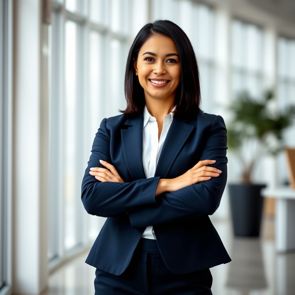 A portrait of a confident, adult woman in a striking business suit, exuding professionalism and style