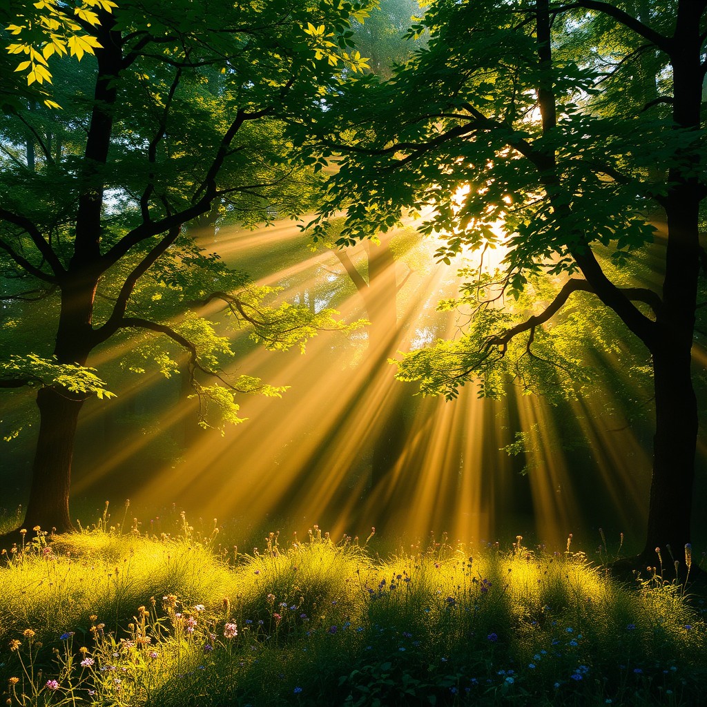 A vibrant and ethereal scene depicting light streaming through lush green trees in a dense forest, casting intricate shadows on the ground