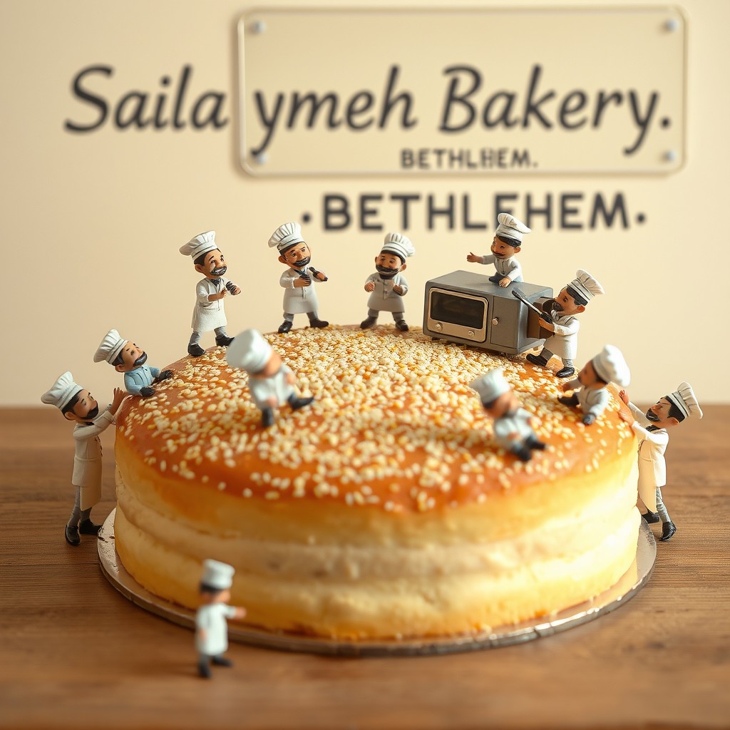 A whimsical scene featuring tiny men who are smaller than a large sesame cake placed on a wooden table