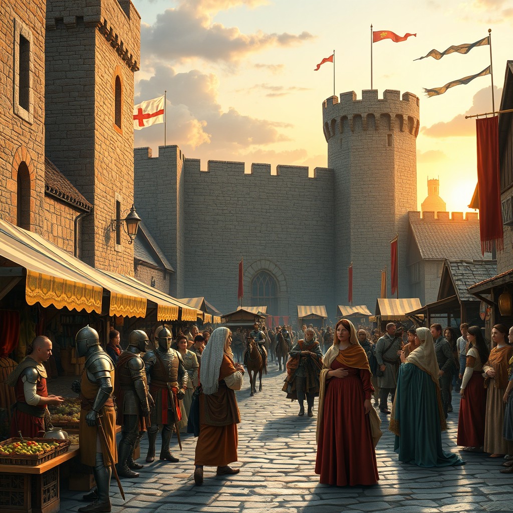 A rich and detailed depiction of the Middle Ages, showcasing a bustling medieval town square