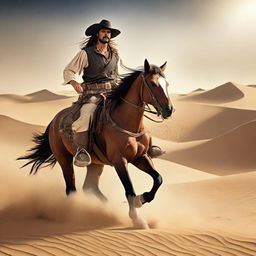 A rugged pirate riding a horse through the sweeping sands of a desert.