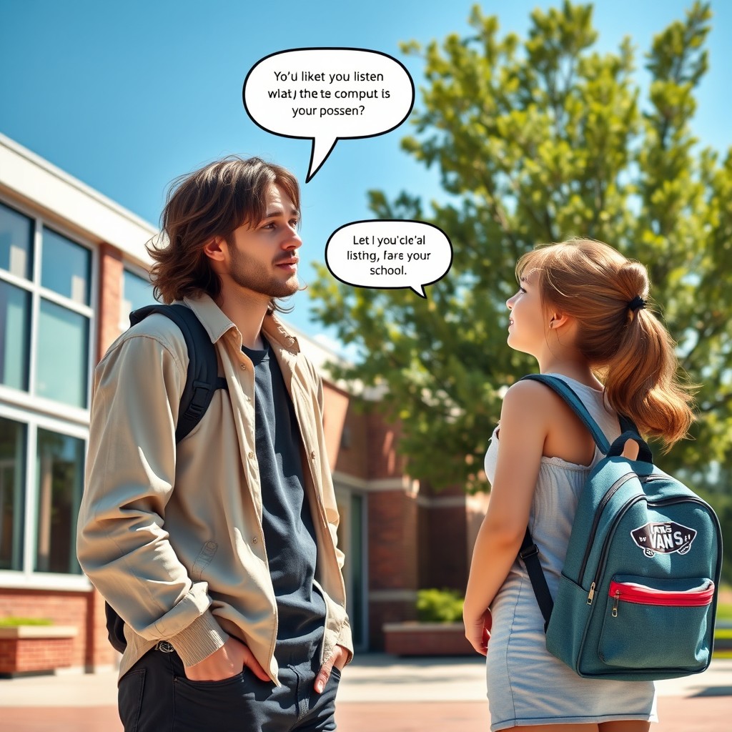 A scene depicting a 35-year-old male composer with an artistic vibe, casually dressed with a relaxed demeanor, standing outside a school building engaging in a conversation with a high school girl