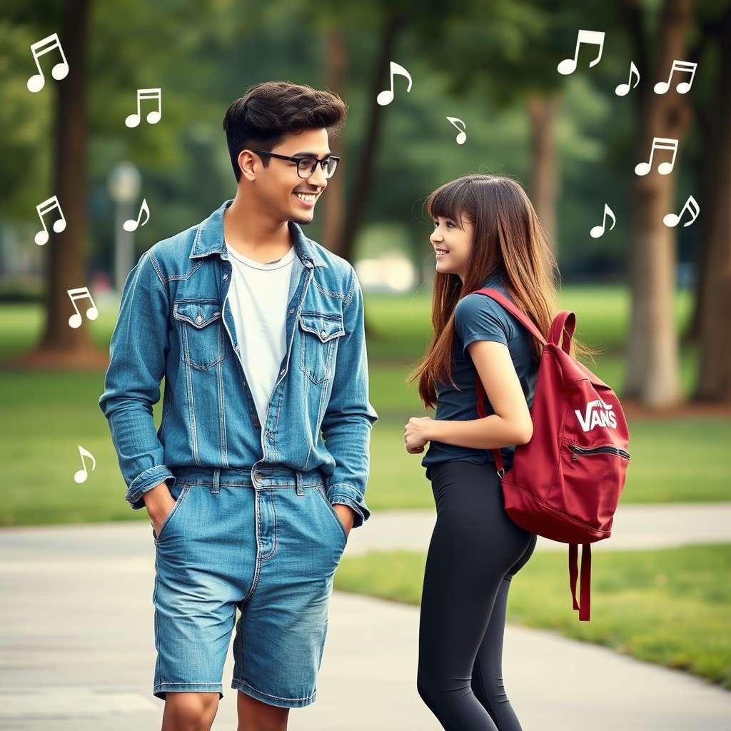 A young, stylish setting featuring a 35-year-old male composer dressed in a denim romper, casually engaging with a high school girl