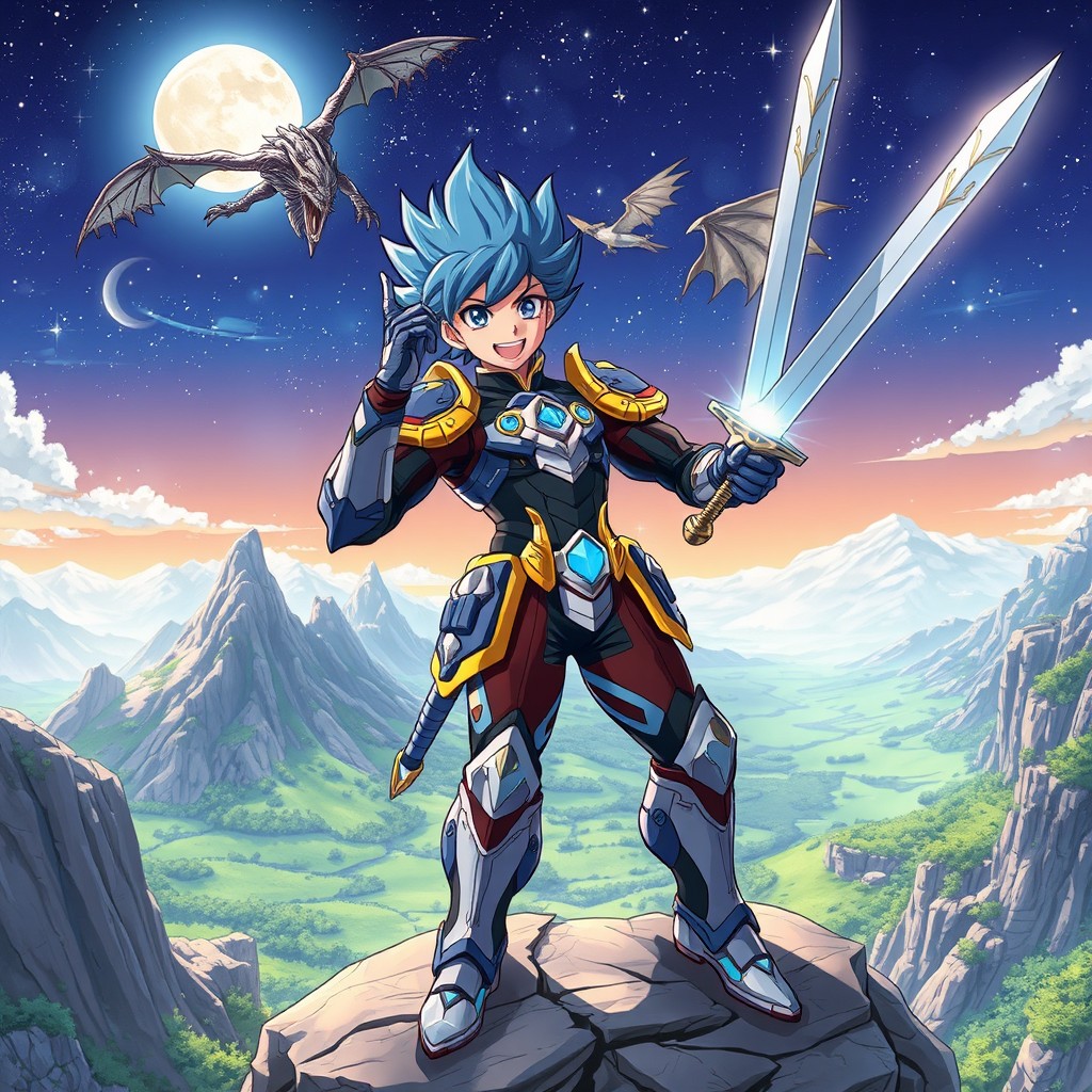 A vibrant and dynamic anime-style illustration featuring a heroic character with spiky blue hair and a confident expression, wearing a futuristic armor suit adorned with glowing accents