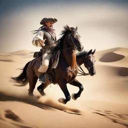 A rugged pirate riding a horse through the sweeping sands of a desert.