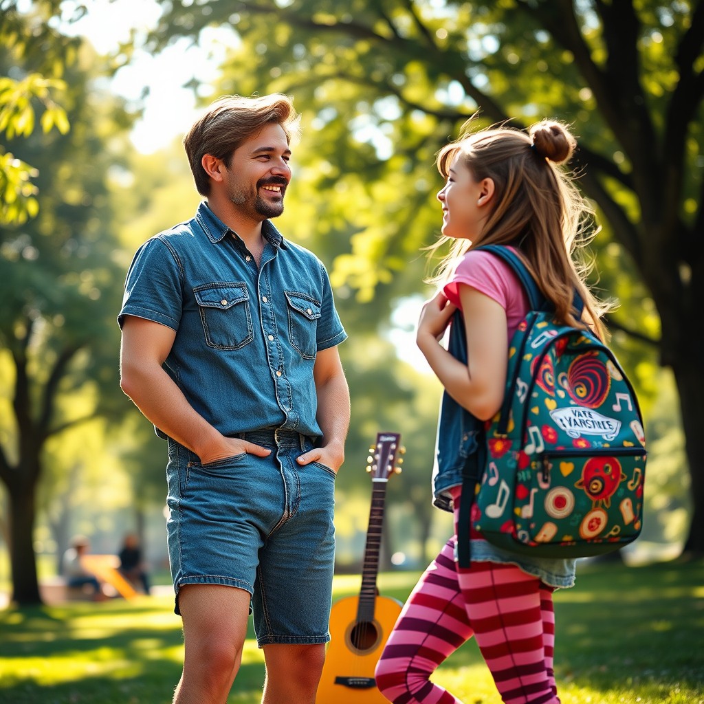 A scene depicting a 35-year-old male composer, wearing a stylish denim romper, engaging in a friendly conversation with a high school girl