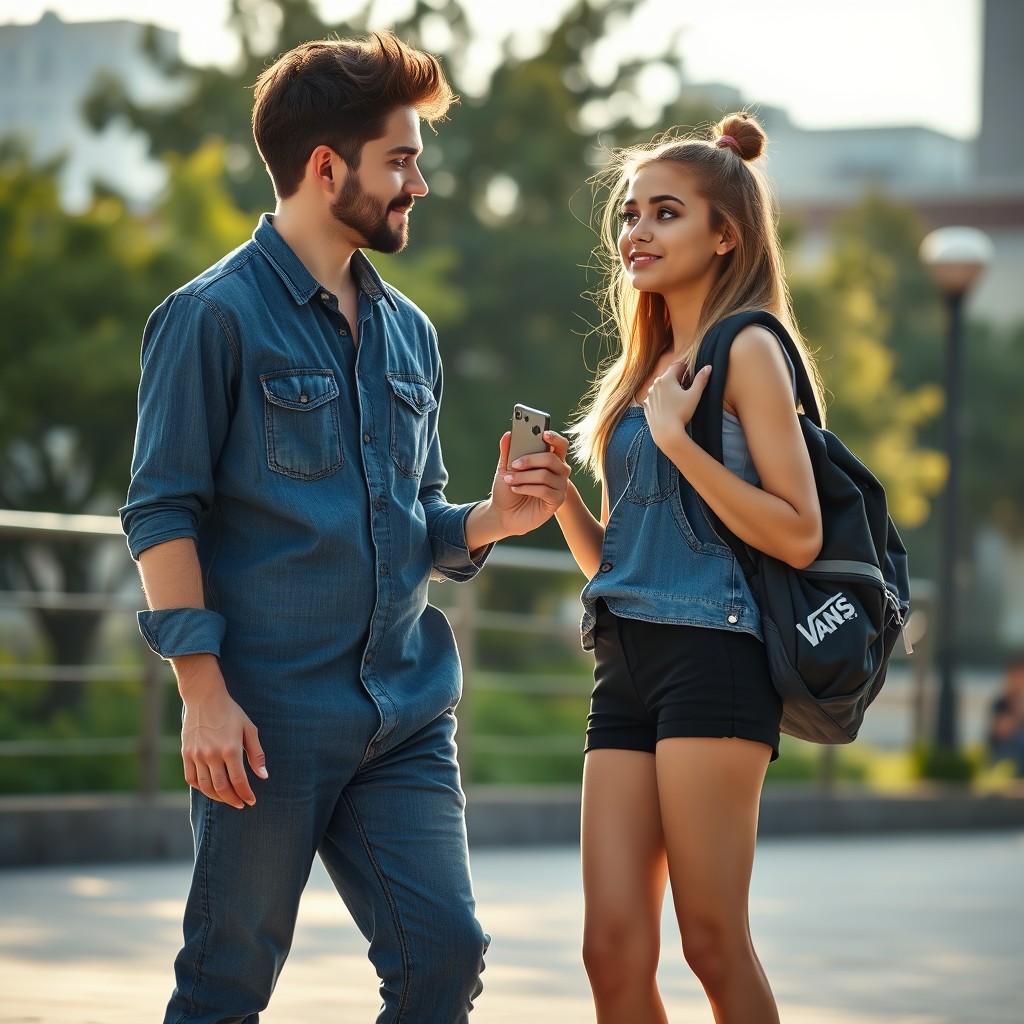 A 35-year-old male composer with an artistic vibe approaches a high school girl in a casual setting