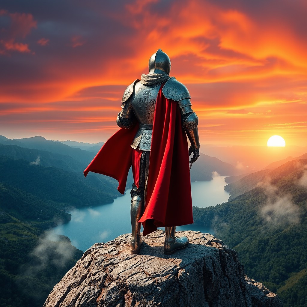 A majestic knight in shining armor standing proudly atop a rocky cliff, overlooking a lush green valley and a shimmering blue lake