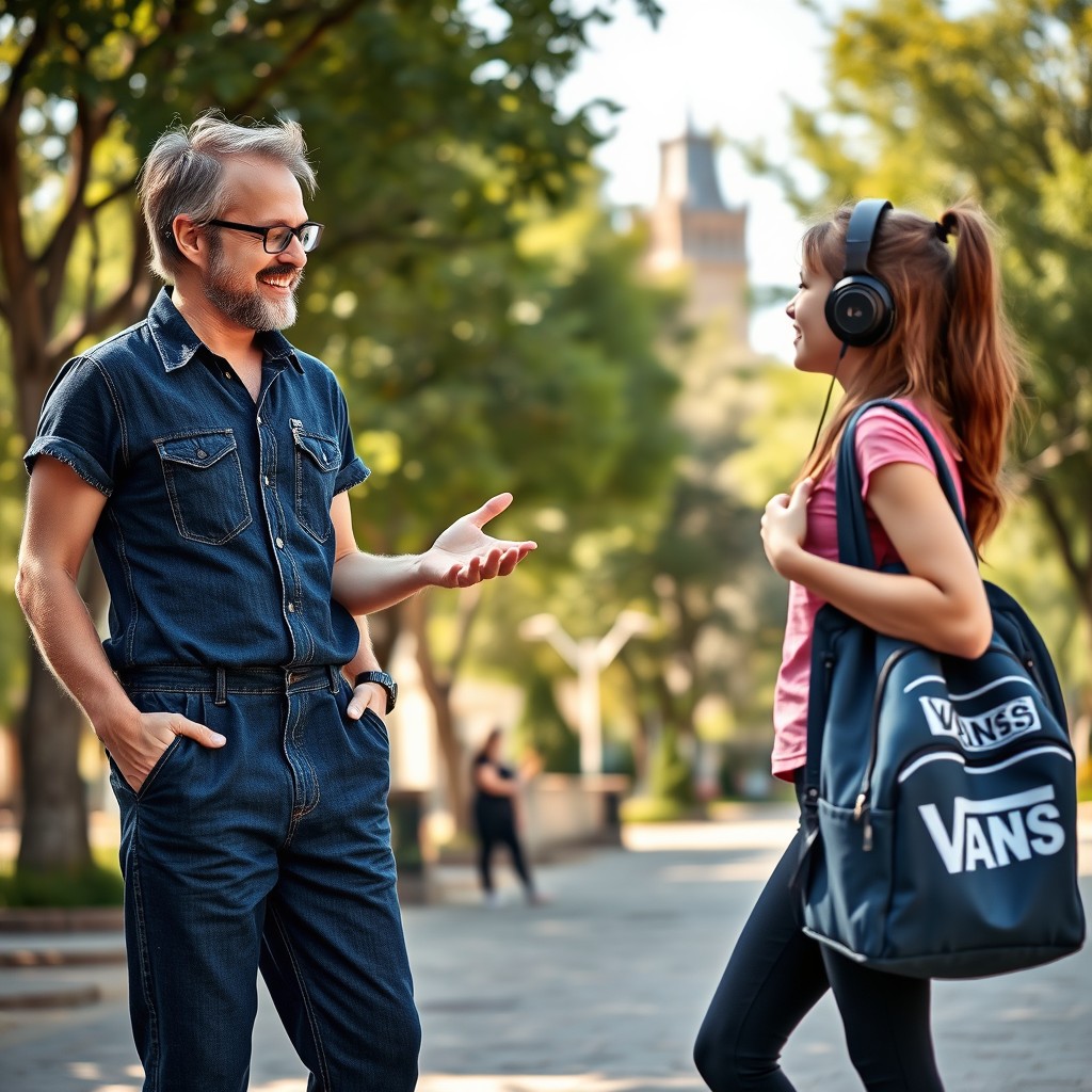 A 35-year-old male composer with an artistic flair, dressed in a stylish denim long romper, is engaging in a friendly conversation with a high school girl, who has a trendy Vans schoolbag and is dressed in long leggings