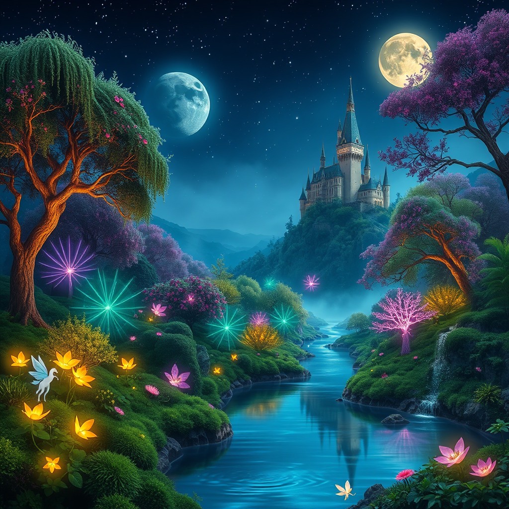 A fantasy landscape featuring a magical forest with glowing trees and bioluminescent plants
