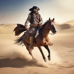 A rugged pirate riding a horse through the sweeping sands of a desert.