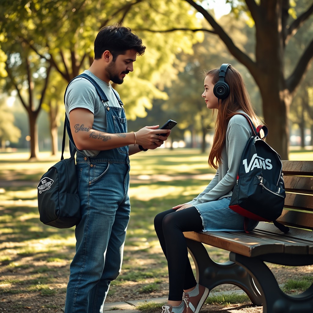 A 35-year-old male composer wearing a denim overall approaches a high school girl with a Vans schoolbag