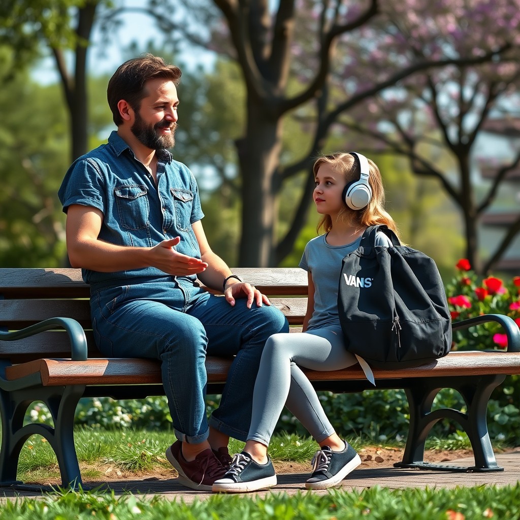 A scene depicting a 35-year-old male composer with a friendly demeanor, wearing a denim overall, interacting with a highschool girl