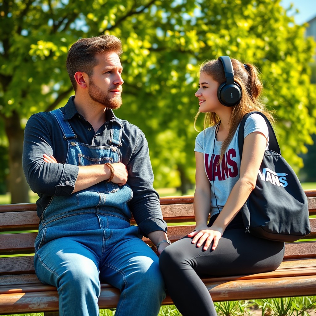 A 35-year-old male composer with a thoughtful expression, wearing a denim overall, is sitting on a park bench in a sunny setting