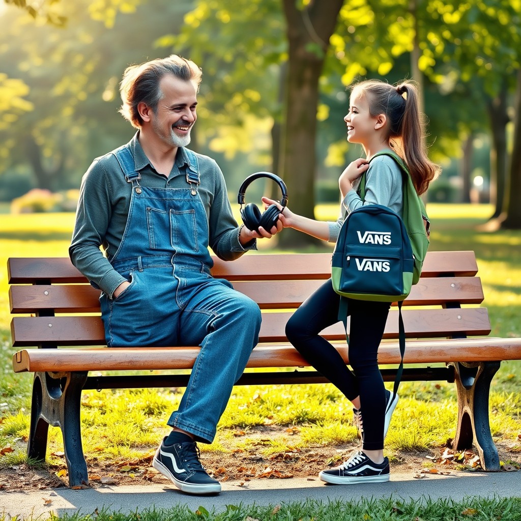 A scene depicting a 35-year-old male composer with an artistic flair, wearing a stylish denim overall, sitting on a park bench