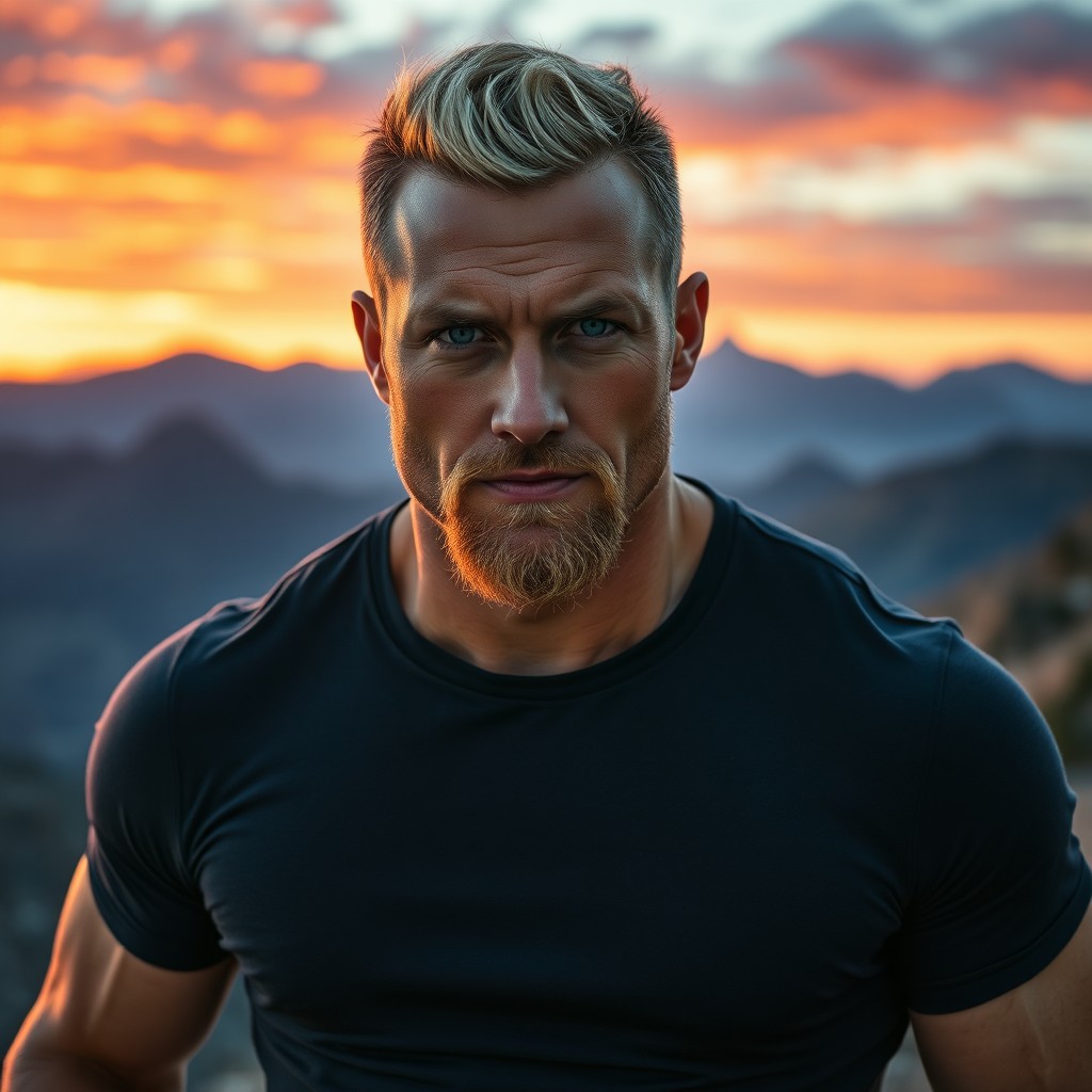 A muscular man with a chiseled jawline and intense blue eyes, wearing a dark fitted t-shirt and cargo pants